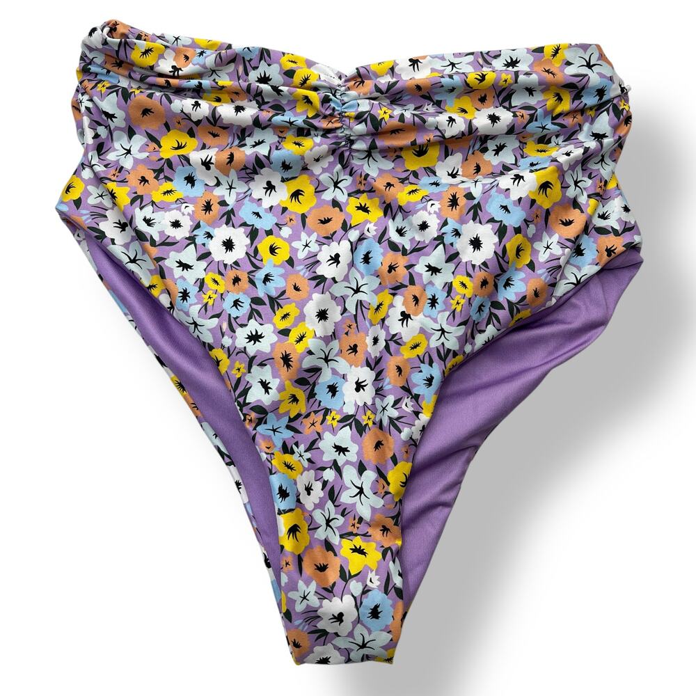 Agua Bendita Cheeky Bottoms Women's XS Purple Floral‎ High Waisted Ruched